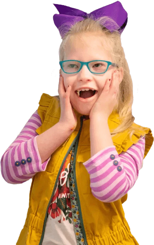 Excited girl with a purple bow and glasses